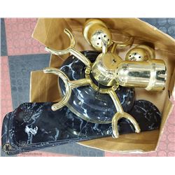 BLACKAND BRASS MARBLED CELING  LIGHT AND FAN