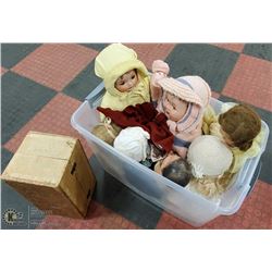 TOTE OF ASSORTED COMPOSITION DOLLS + CLOTH TRUNK