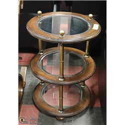 3 TIER ROUND SIDE/CURIO TABLE WOOD AND GLASS