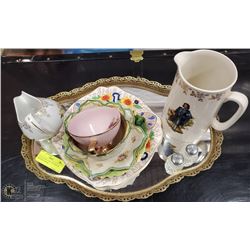 COLLECTIBLE CUPS, PITCHER ON MIRRORED BRASS