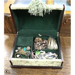 ESTATE GREEN BROCADE MUSICAL JEWELLERY BOX WITH