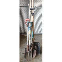 9PCS SHOVELS, RAKE, HOE, POTATOE FORK