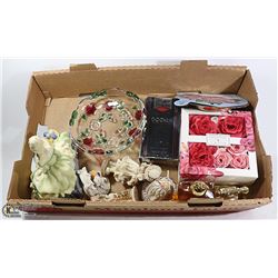 BOX WITH ESTATE ITEMS, AVON, FIGURINES,  MIKASA