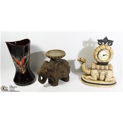LARGE CAMEL CLOCK & ELEPHANT CANDLE HOLDER &
