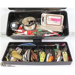 FISHING TACKLE BOX WITH LURES & MISC FISHING ITEMS