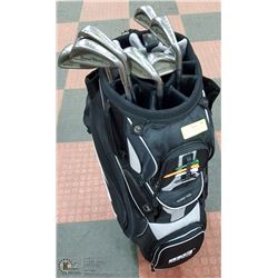 BLACK GOLF BAG WITH CLUBS AND BALLS