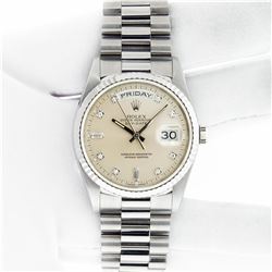 Rolex Mens 18k White Gold President Day-Date Silver Diamond Dial 36mm Wristwatch