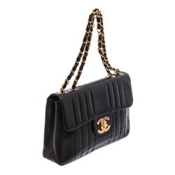 Chanel Vintage Black Caviar Leather Jumbo Vertical Quilted Single Flap Bag