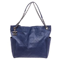 Chanel Blue Quilted Caviar Leather Medium CC Chain Pocket Tote Shoulder Bag
