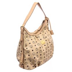 MCM Cream Coated Canvas Visetos Hobo Shoulder Bag