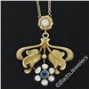 Image 3 : Antique Art Nouveau 14kt Yellow Gold Natural Pearl and Sapphire Tulip Pendant Ne