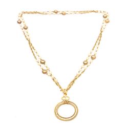 Chanel Vintage Gold Tone Faux Pearl Magnifying Glass Medallion Necklace