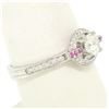 Image 4 : 14k Solid White Gold 0.85 ctw Round Pave Set Diamond & Pink Sapphire Halo Ring