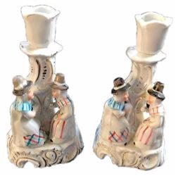 19thc Pair of German Contra Boehme Porcelain Fairing Candle Holders, Welch Tea Party