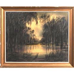 20thc Signed Oil Painting, New Orleans Artist, Louisiana Swamp Scene