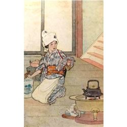 Early 1900's Japanese Bookplate Print, Little Sister Snow