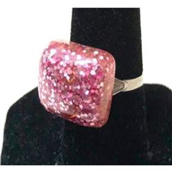 Artisan Made Adjustable Size Pink Glitter Confetti Silver Party Ring