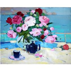 21stc Signed Ukrainian Still Life Oil Painting, Peonies