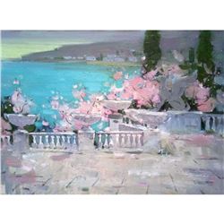 21st Century Ukrainian Impressionism, Artist Signed Seascape Balcony Oil Painting