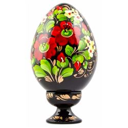 Ukrainian Handpainted Wooden Floral Motif Egg On Stand