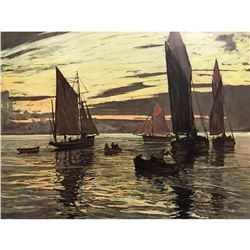 Lovely Early 20thc French Chromolith Print, Sailing Vessels & Sunset