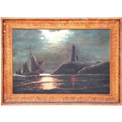 American School, Lighthouse In Moonlight Oil Painting