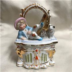 19thc German Victorian Porcelain Fairing Trinket Box, Boy & Cat