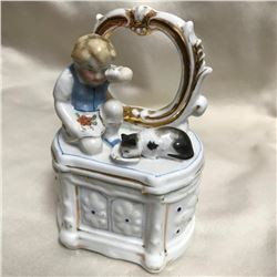 19thc German Victorian Conta Boehme Fairing Trinket Box, Boy & Kitty Cat