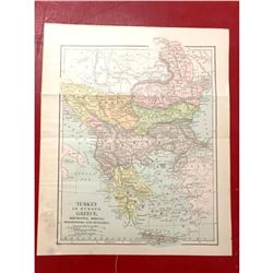 Original 19thc Map of Turkey, Greece, Romania, Servia, Montenegro & Bulgaria