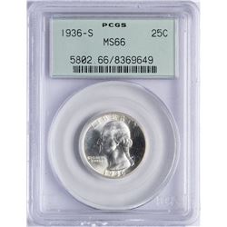 1936-S Washington Silver Quarter Coin PCGS MS66