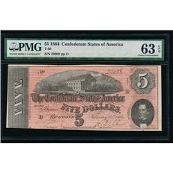 1864 $5 Confederate States of America Note PMG 63EPQ