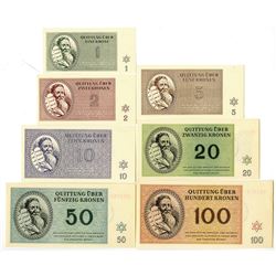 Theresienstat Concentration Camp / Ghetto Scrip, 1943, Set of 7 Notes