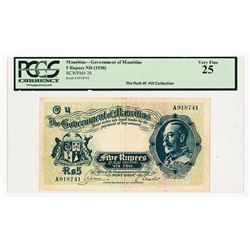 Government of Mauritius, ND (1930) Issue Banknote from the "Ruth W. Hill" Collection.