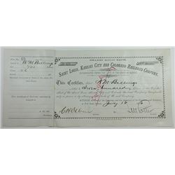 Saint Louis, Kansas City and Colorado Railroad Co., 1886 I/C Stock Certificate.