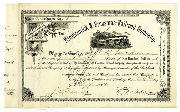 Freestone Train Kinniconick & Freestone Railroad Co., 1892 I/C Stock Certificate