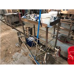 ASSORTED STAINLESS STEEL PIECES INC. WORK BENCH, POTS, STORAGE UNITS ETC., INC. CONTENTS ON BENCH