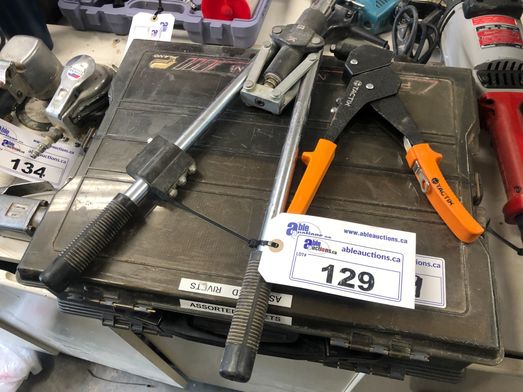 2 RIVET TOOLS AND TOOL BOX WITH ASSORTED RIVETS
