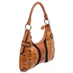 MCM Cognac Visetos Coated Canvas Suede Small Hobo Bag