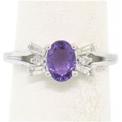 14K White Gold 1.05 ctw Oval Amethyst Solitaire Ring w/ 6 Diamond Accents