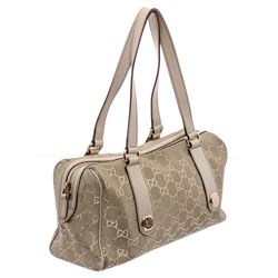 Gucci Beige Metallic Gold Canvas Leather GG Charmy Boston Bag