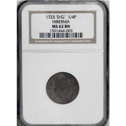 1723 FARTH Hibernia Farthing, D:G:REX MS62 Brown NGC. 