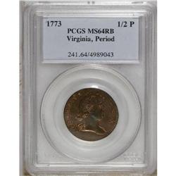 1773 1/2P Virginia Halfpenny, Period MS64 Red and Brow 