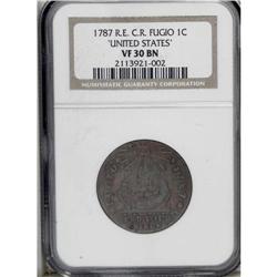 1787 1C Fugio Cent, Club Rays, Rounded Ends VF30 NGC. 