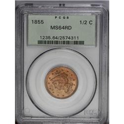 1855 1/2 C MS64 Red PCGS. C-1, B-1, R.1. Abundant pink 