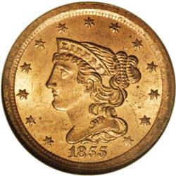 1855 1/2 C MS65 Red NGC. C-1, B-1, R.1. Ex: Foxfire. T 