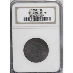 1818 1C MS64 Brown NGC. N-10, R.1. Faded mint red outl 