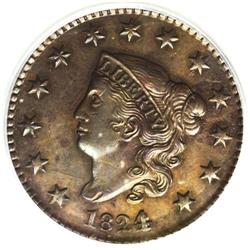 1824/2 1C AU55 PCGS. N-1, High R.1. This chocolate-bro 