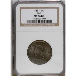1851 1C MS66 Brown NGC. N-6, R.1. This is a splendid, 