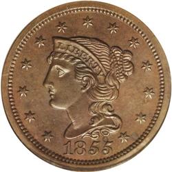 1855 1C Slanting 5s PR63 Brown PCGS. N-10, R.5 as a pr 