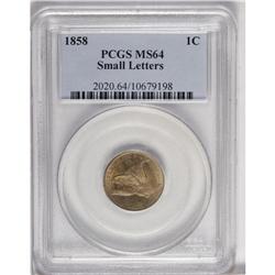 1858 1C Small Letters MS64 PCGS. Snow-5. Low Leaves Re 